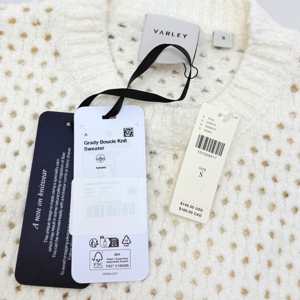 NWT Varley Grady Boucle Knit Sweater S Ivory New Mesh Pointeille Anthropologie - Picture 7 of 12